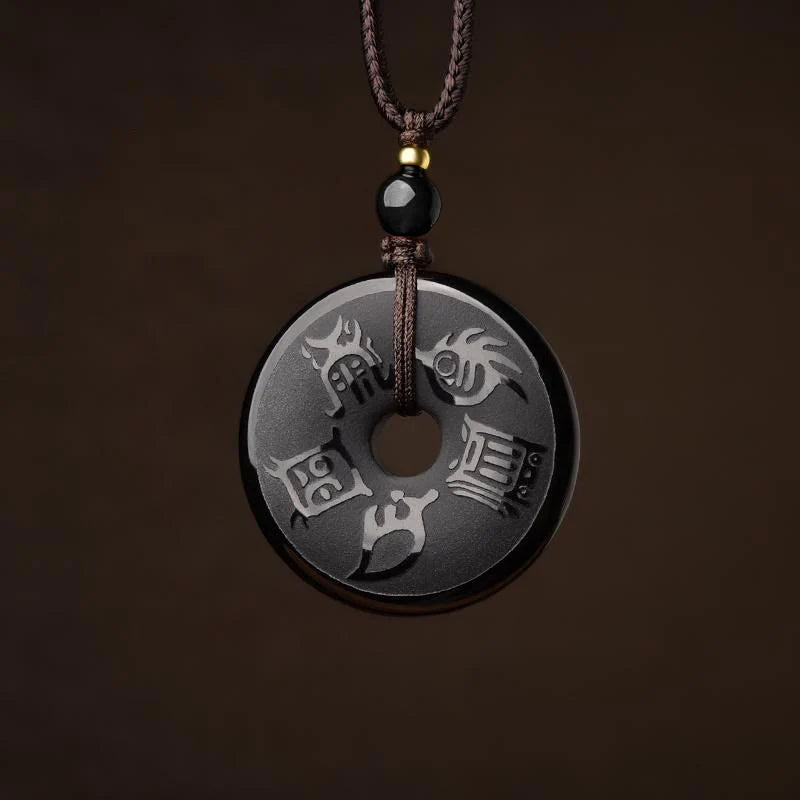 Buddha Stones Black Obsidian Taoism Five Sacred Mountains Carved Strength Peace Buckle Necklace Pendant Key Chain Phone Hanging Decoration