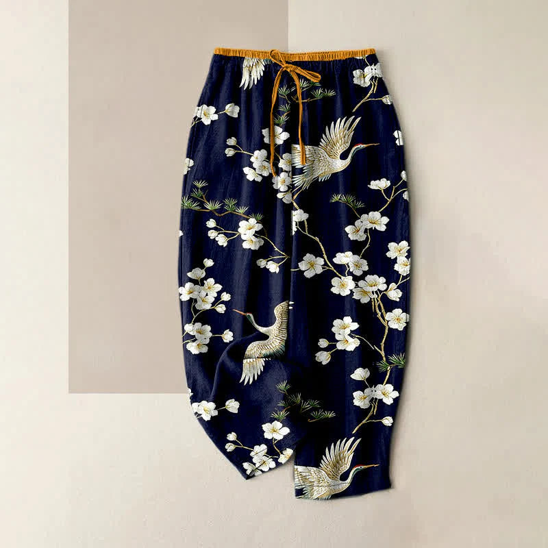 Buddha Stones Pure Cotton Crane Plum Blossom Elastic Waist Women's Pants With Pockets