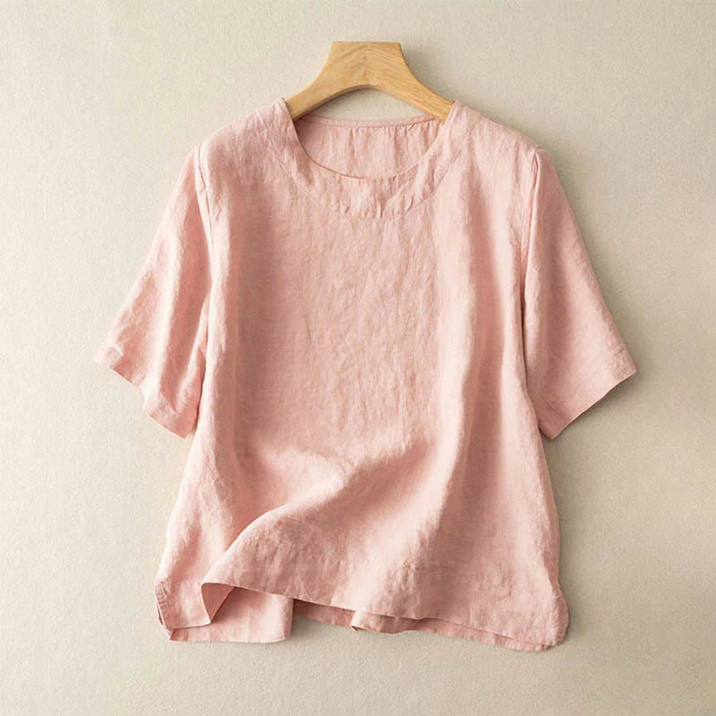 Buddha Stones Simple Plain Short Sleeve Crew Neck Side Slit Cotton Women's T-Shirt
