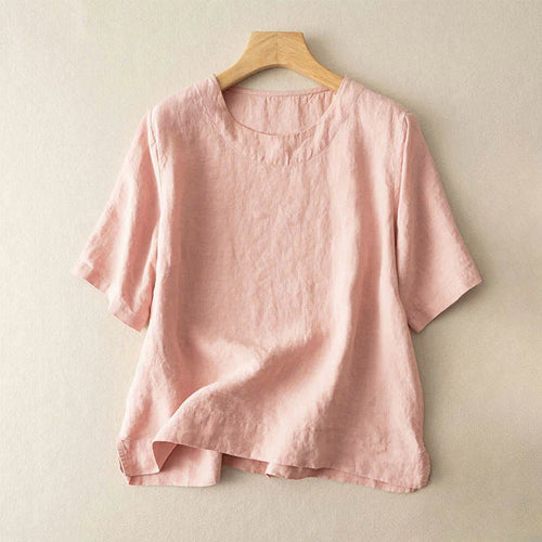 Buddha Stones Simple Plain Short Sleeve Crew Neck Side Slit Cotton Women's T-Shirt