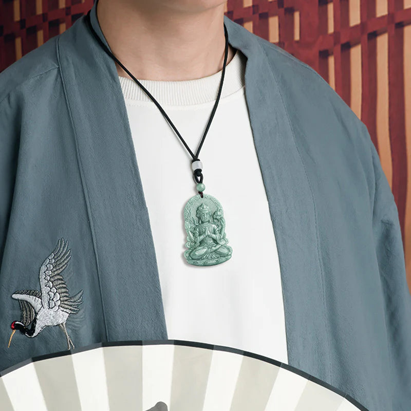 Buddha Stones Four-armed Avalokitesvara Natural Jade Amulet Blessing String Necklace