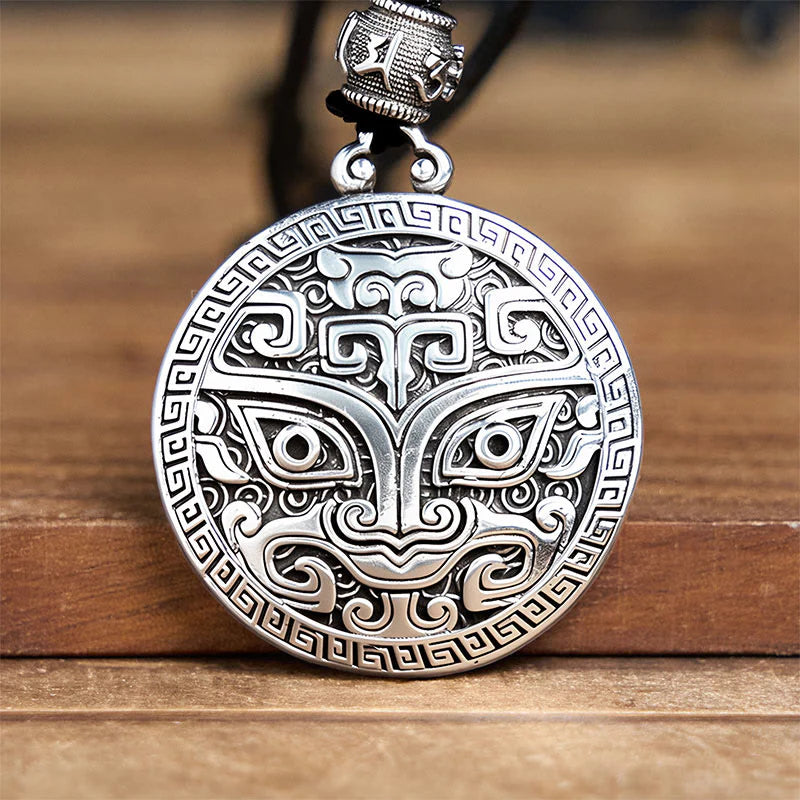Buddha Stones Taotie Om Mani Padme Hum Copper Plated Silver Wealth Necklace Pendant