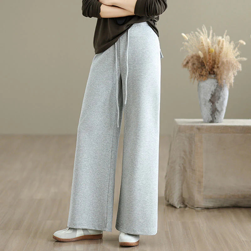 Buddha Stones Plain Drawstring Cotton Polyester Women's Wide Leg Pants With Pockets