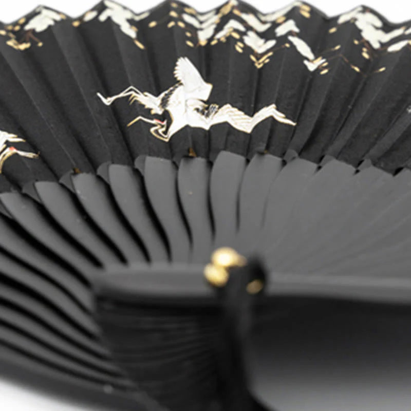 Buddha Stones Plum Blossom Crane Silk Handheld Bamboo Folding Fan