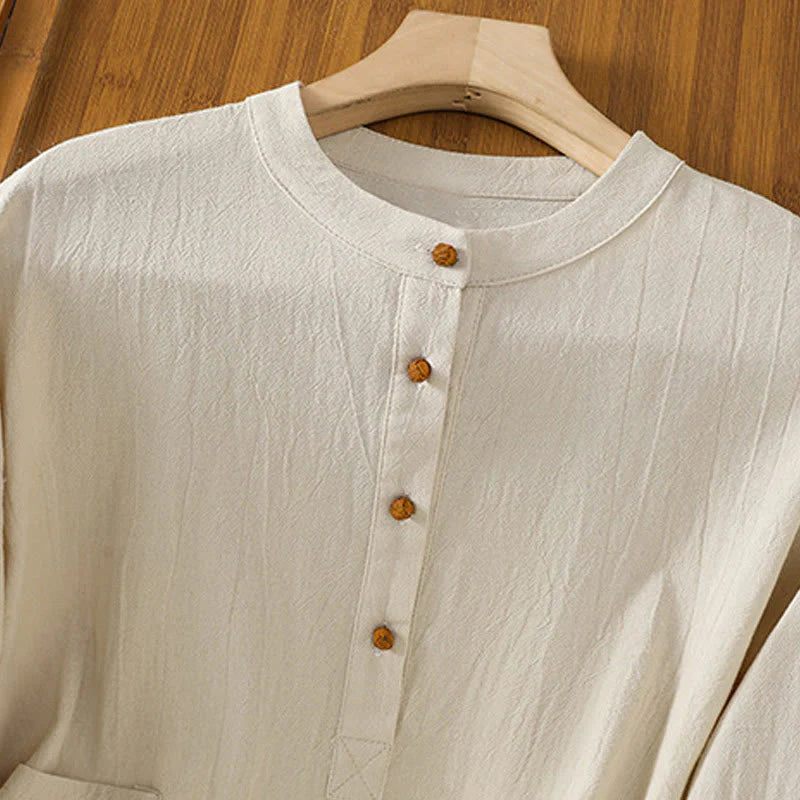 Buddha Stones Summer Casual Pure Color Half Button Simple Design Women's Cotton Linen Half Sleeve Shirt With Pocket