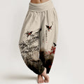 Buddha Stones Cotton Classical Bamboo Bird Flower Pattern Women's Elastic Waist Harem Pants