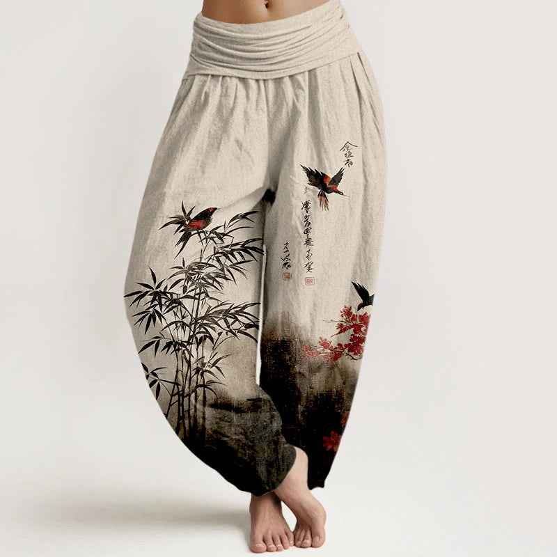 Buddha Stones Cotton Classical Bamboo Bird Flower Pattern Women's Elastic Waist Harem Pants