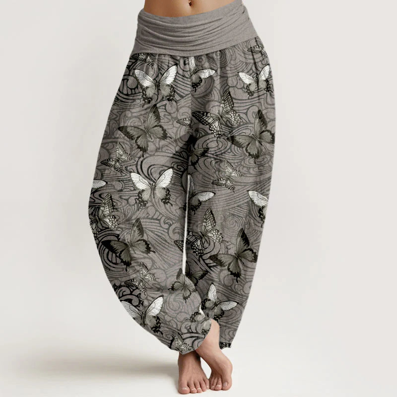 Buddha Stones Pure Cotton Gray Black Butterfly Striped Women's Elastic Waist Harem Pants