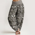 Buddha Stones Pure Cotton Gray Black Butterfly Striped Women's Elastic Waist Harem Pants