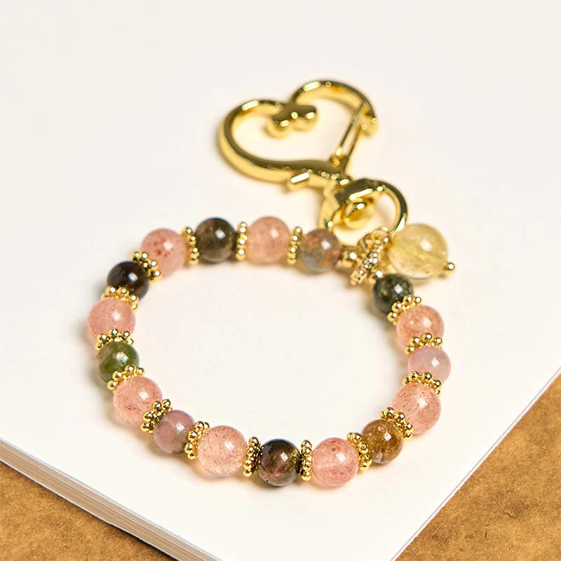 Buddha Stones Natural Strawberry Quartz Crystal Beads Positive Key Chain Phone Hanging Decoration