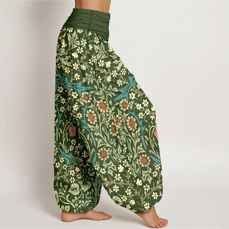 Buddha Stones Pure Cotton Retro Flowers Leaves Pattern Women's Elastic Waist Harem Pants