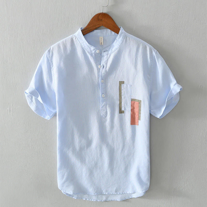 Buddha Stones Daily Plain Patch Color Matching Design Men's Short Sleeve Cotton Linen Shirt