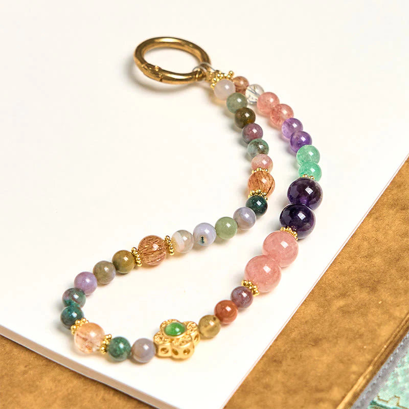 Buddha Stones Natural Tourmaline Strawberry Quartz Amethyst Positive Key Chain Phone Hanging Decoration