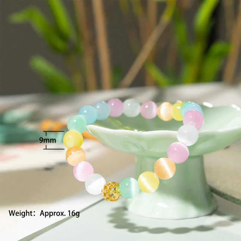 Buddha Stones Hollow Design Multicolor Cat's Eye Round Beads Positive Bracelet