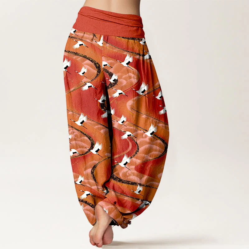 Buddha Stones Cotton Elegant Cranes Winding Lines Pattern Women's Elastic Waist Harem Pants