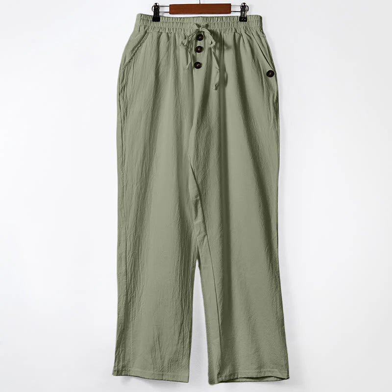 Buddha Stones Solid Color Buttons Drawstring Men's Cotton Pants With Pockets
