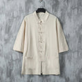 Buddha Stones Solid Color Tang Suit Frog-Button Design Men's Half Sleeve Linen Shirt With Pockets