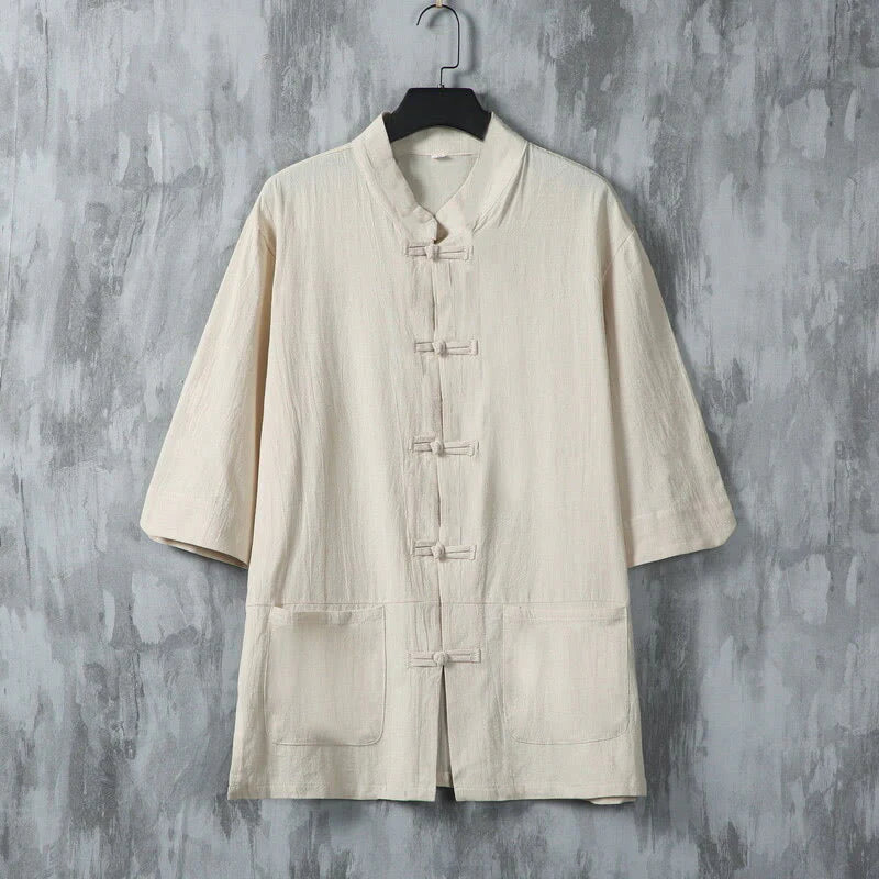 Buddha Stones Solid Color Tang Suit Frog-Button Design Men's Half Sleeve Linen Shirt With Pockets