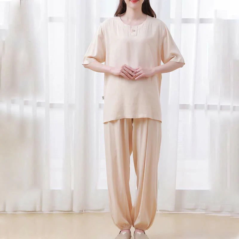 Buddha Stones 2pcs Plain Color Frog-Button Simple Design Crew Neck Design Half Sleeve Shirt Top Elastic Waist Pants Meditation Zen Tai Chi Cotton Clothing Women's Set