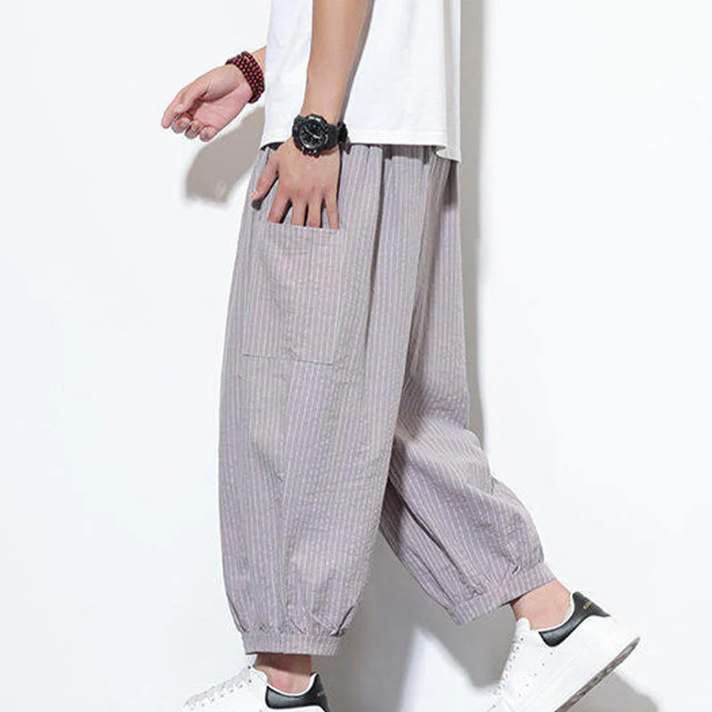 Buddha Stones Casual Striped Men's Cotton 7-8 Length Harem Pants With Pockets