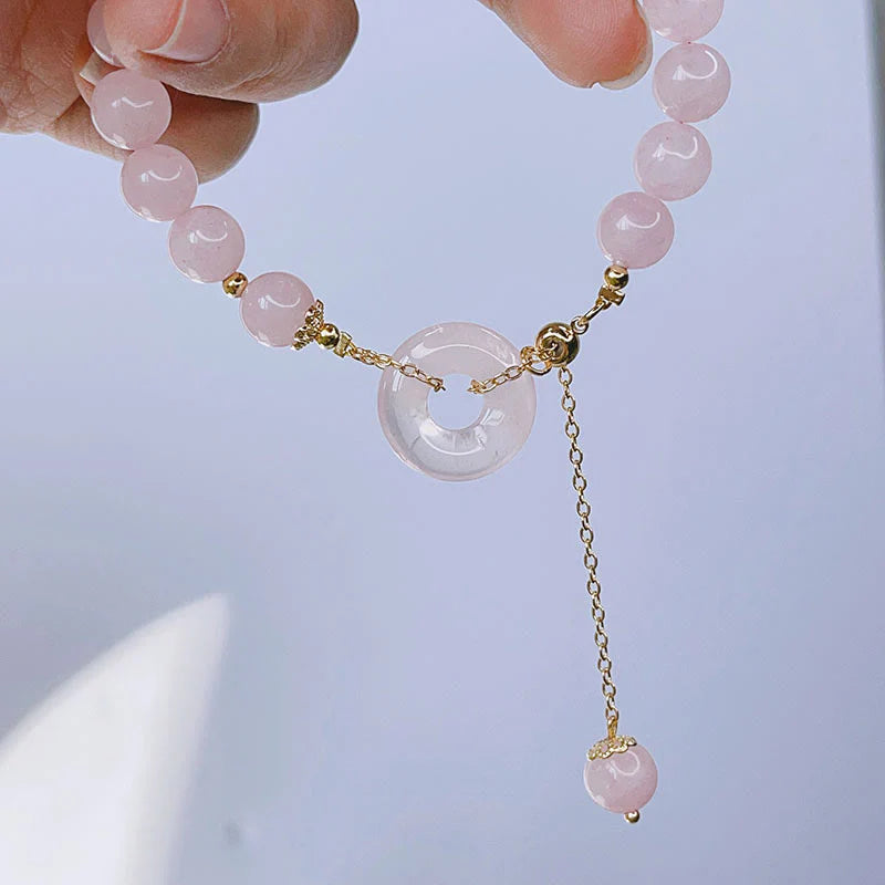 Buddha Stones Natural Pink Crystal Peace Buckle Love Charm Bracelet