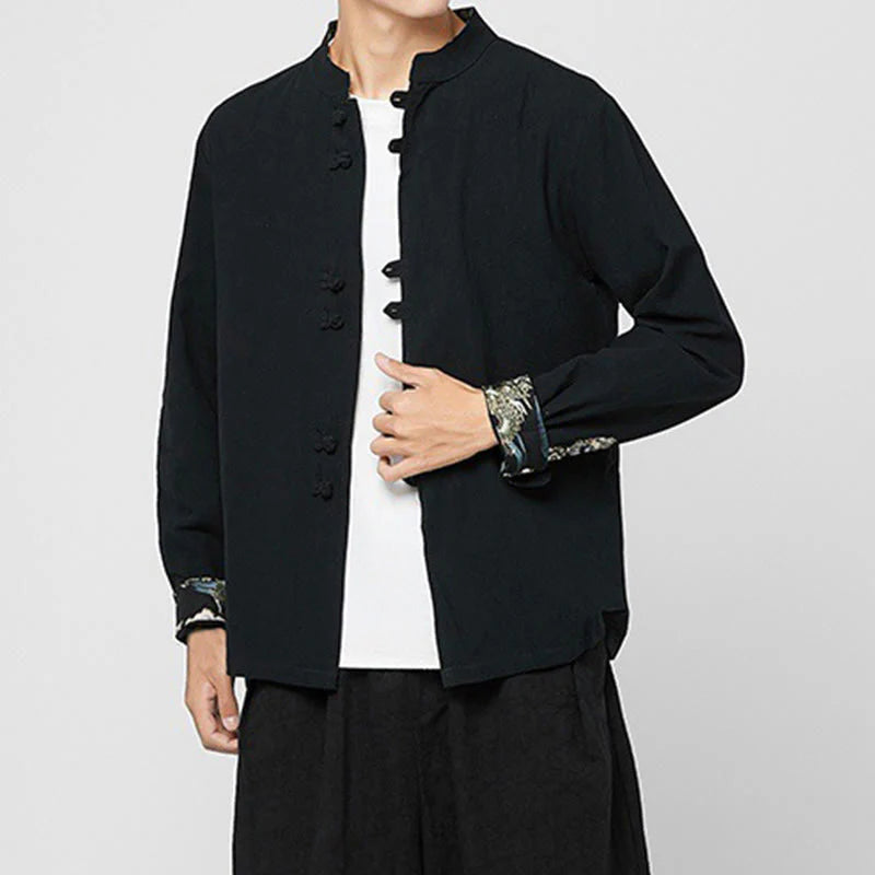 Buddha Stones Men's Frog-Button Dragon Pattern Cuffs Cotton Long Sleeve Shirt