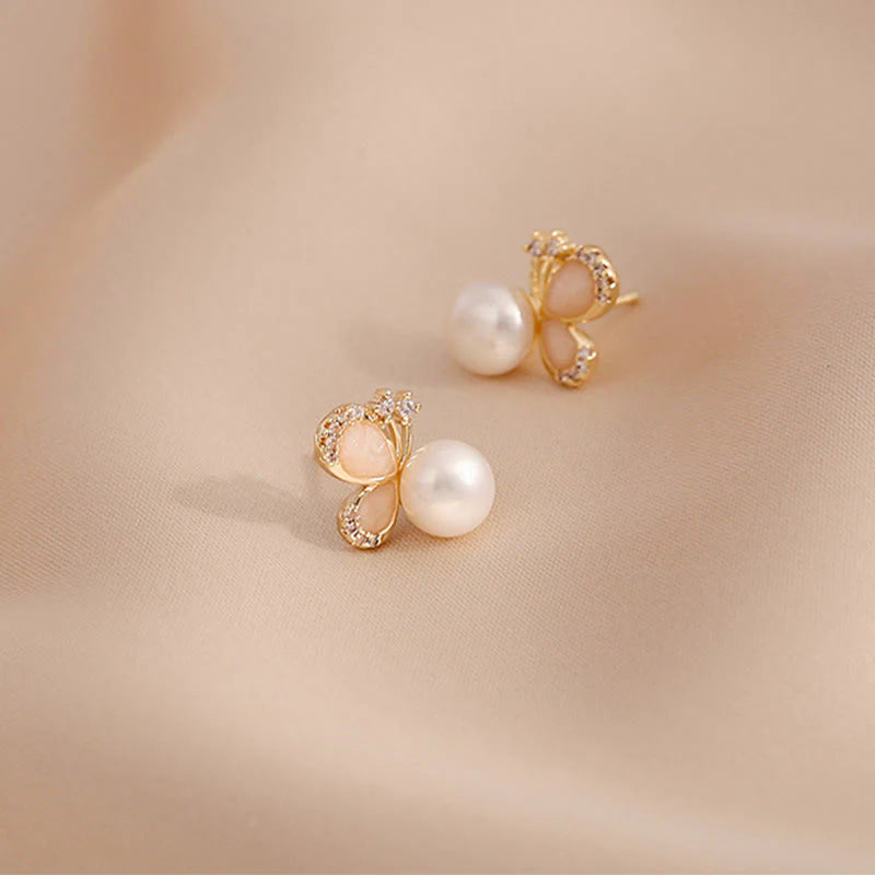 Buddha Stones 18k Gold Plated Pearl Butterfly Love Freedom Stud Earrings