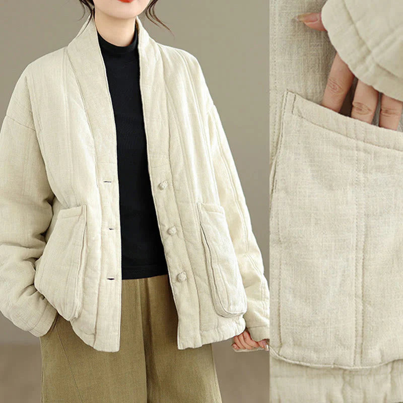 Buddha Stones Winter Solid Long Sleeve Cotton Women's Thermal Jacket With Pockets