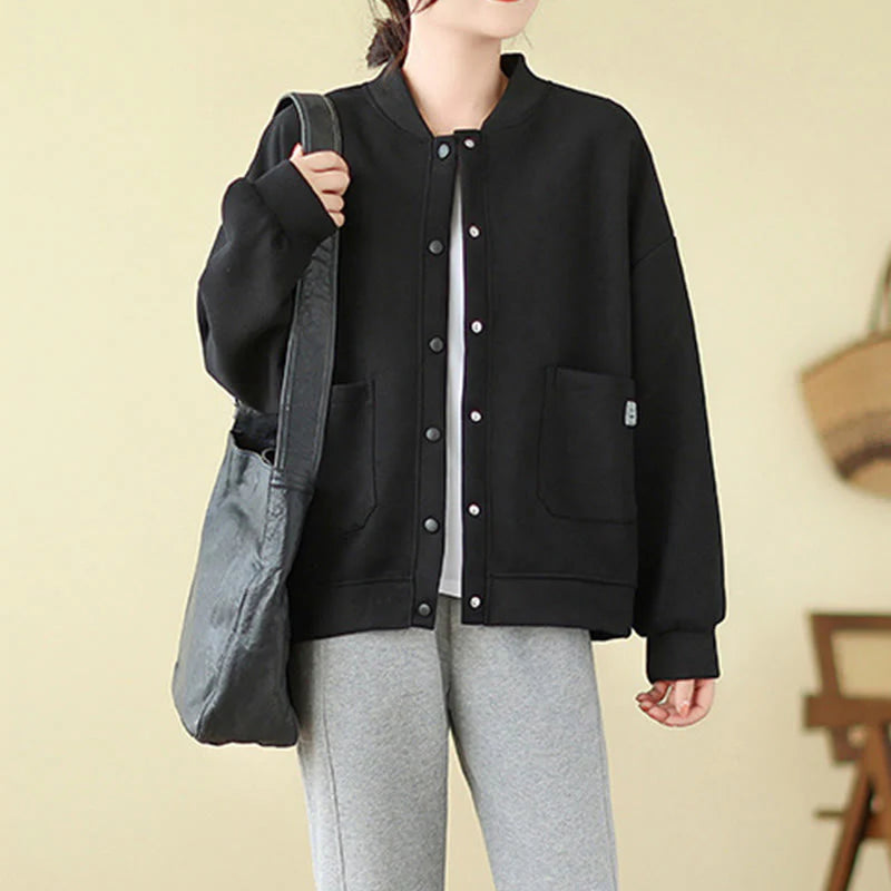 Buddha Stones Plain Women's Buttons Crew Neck Long Sleeve Cotton Jacket With Pockets