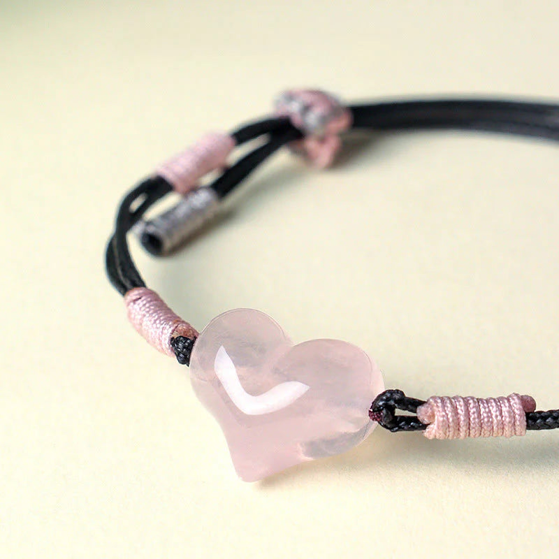 Buddha Stones Natural Heart Charm Pink Crystal Braided String Warmth Bracelet