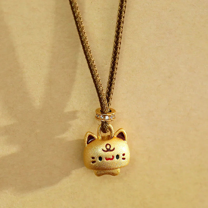 Buddha Stones Cute Cat Copper Plated Gold Adjustable Braided Rope Protection Necklace Pendant