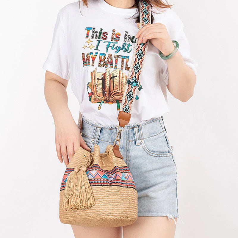 Buddha Stones Beach Geometry Straw Woven Bucket Tassels Crossbody Bag Shoulder Bag