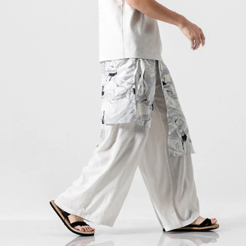 Buddha Stones Summer Flying Crane Design Cotton Men's Wide Leg Pants With Pockets