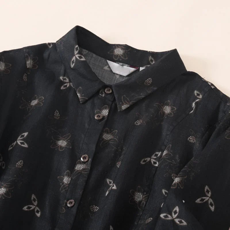 Buddha Stones Summer Printing Floral Button Lace-Up Design Half Sleeve Midi Dress With Pockets