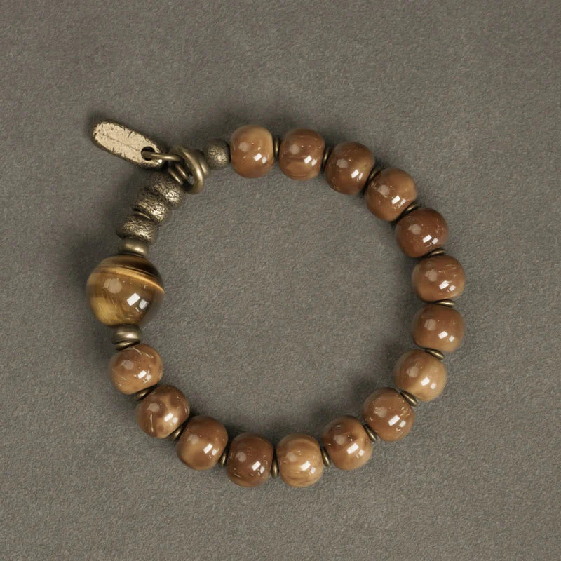 Buddha Stones Kuka Seed Tiger Eye Gold Sheen Obsidian Brass Copper Wealth Luck Bracelet