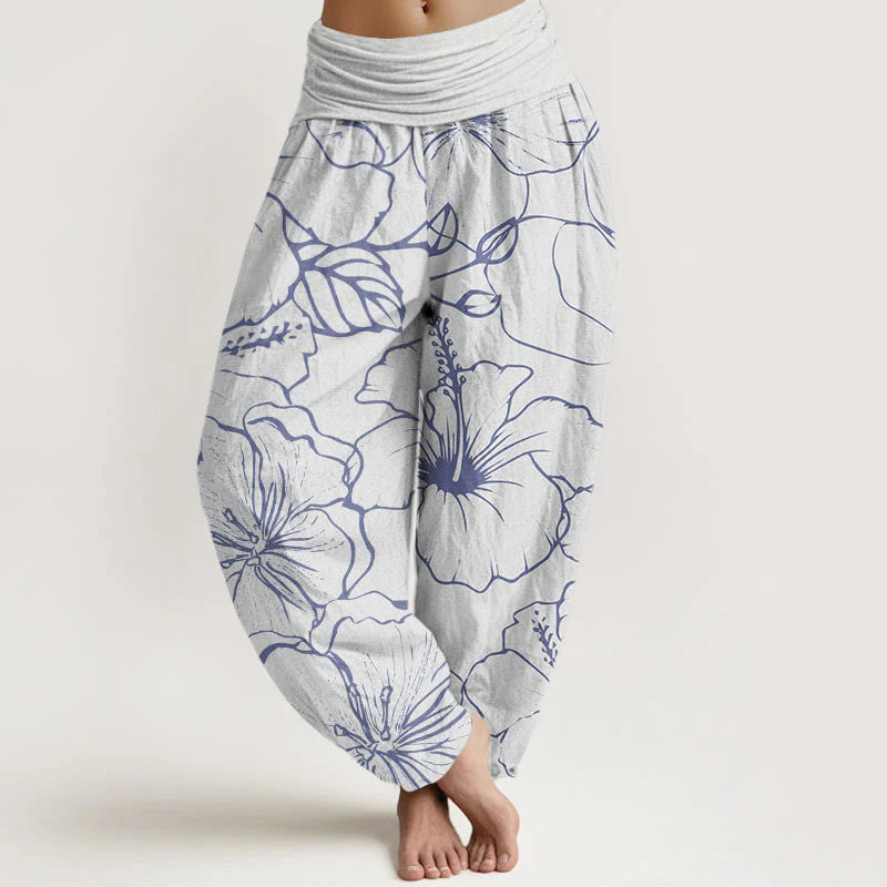 Buddha Stones Cotton Morning Glory Flowers Pattern Design Women's Elastic Waist Harem Pants
