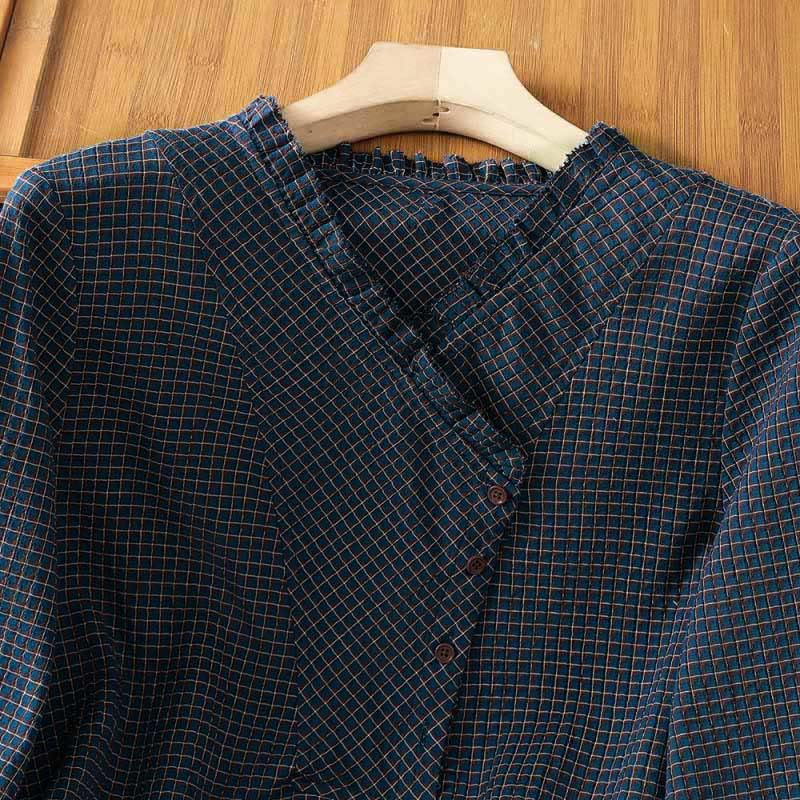 Buddha Stones Fall Blue Plaid V-Neck Buttons Design Women's Cotton Long Sleeve Shirt