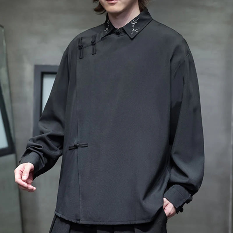 Buddha Stones Vintage Pure Color Chinese Frog-Button Design Embroidery Lapel Men's Long Sleeve Shirt