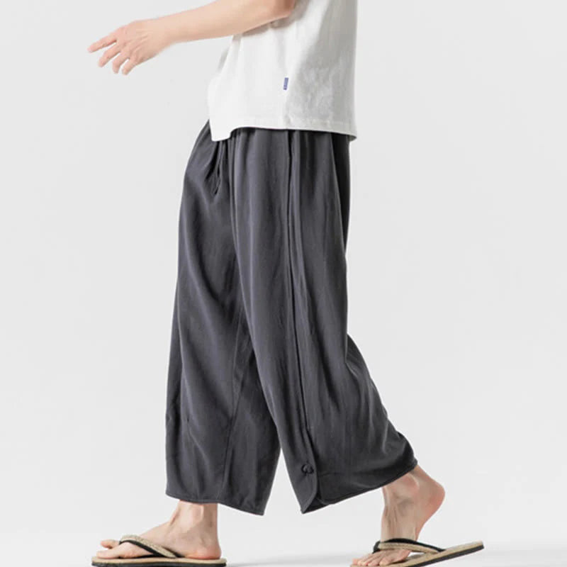 Buddha Stones Summer Plain Drawstring Design Linen Cotton Men's 7-8 Length Pants With Pockets