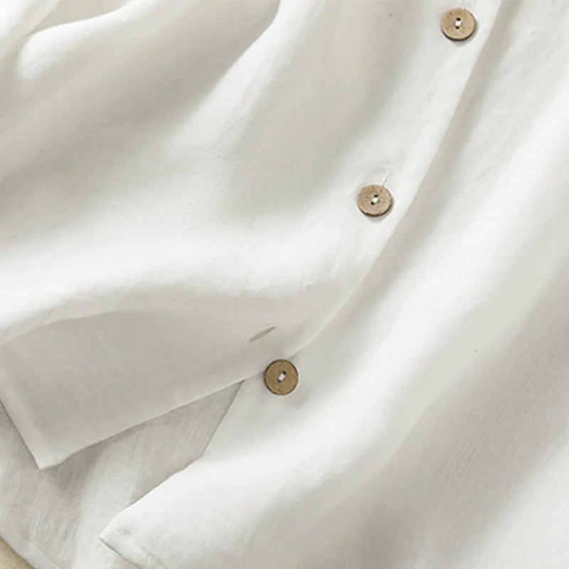 Buddha Stones Spring Plain Buttons Design V-Neck Long Sleeve Women's Cotton Linen Shirt