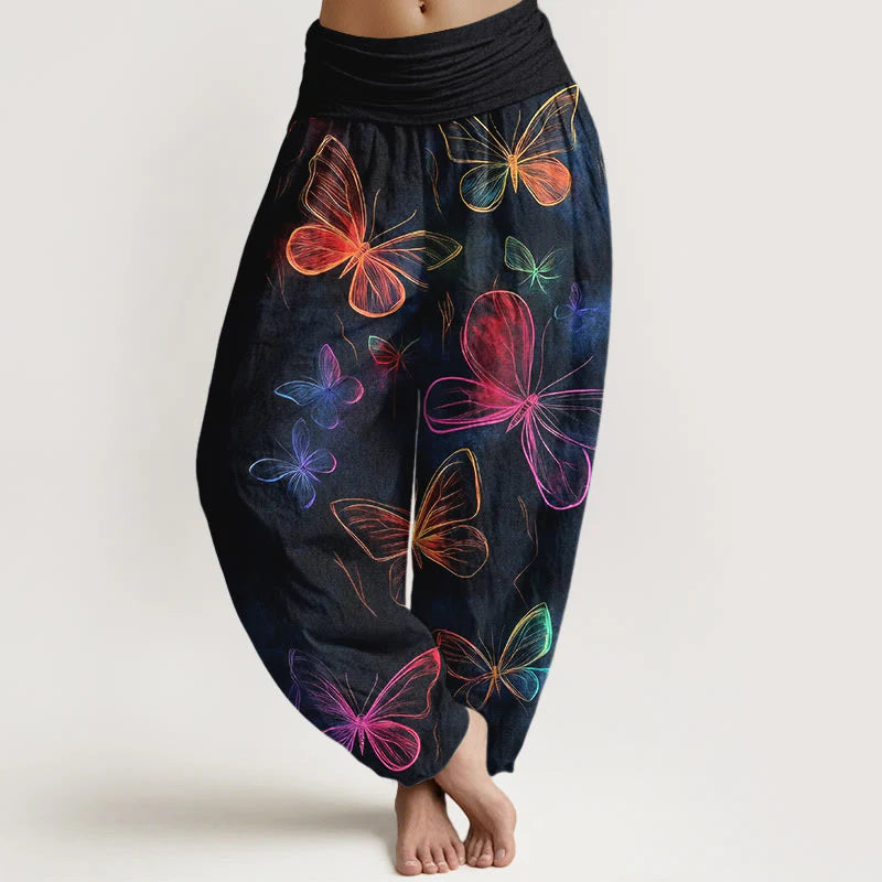 Buddha Stones Cotton Dreamlike Butterfly Pattern Women's Elastic Waist Harem Pants