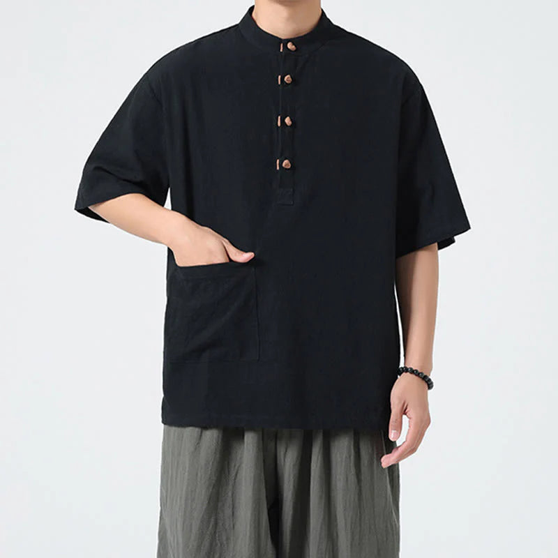 Buddha Stones Casual Half Frog-Button Design Stand Collar Tang Suit Men's Half Sleeve Cotton Shirt With Pocket
