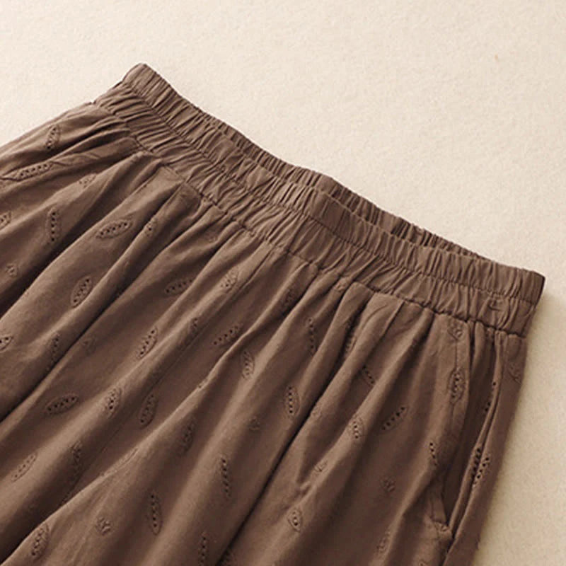 Buddha Stones Summer Vintage Embroidery Lace Hem Patchwork Design Women's Wide Leg Cotton Pants With Pockets