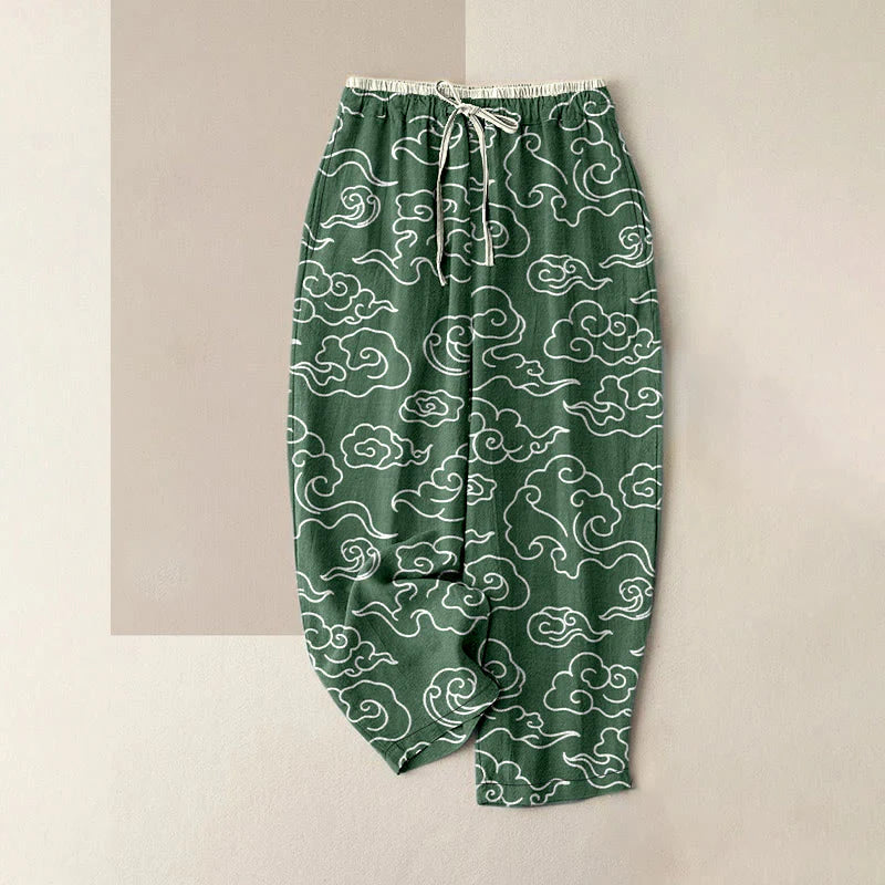 Buddha Stones Pure Cotton Casual Auspicious Cloud Pattern Women's Elastic Waist Pants With Pockets