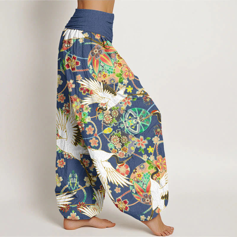 Buddha Stones Cotton Casual Crane Floral Geometric Pattern Elastic Waist Women's Harem Pants