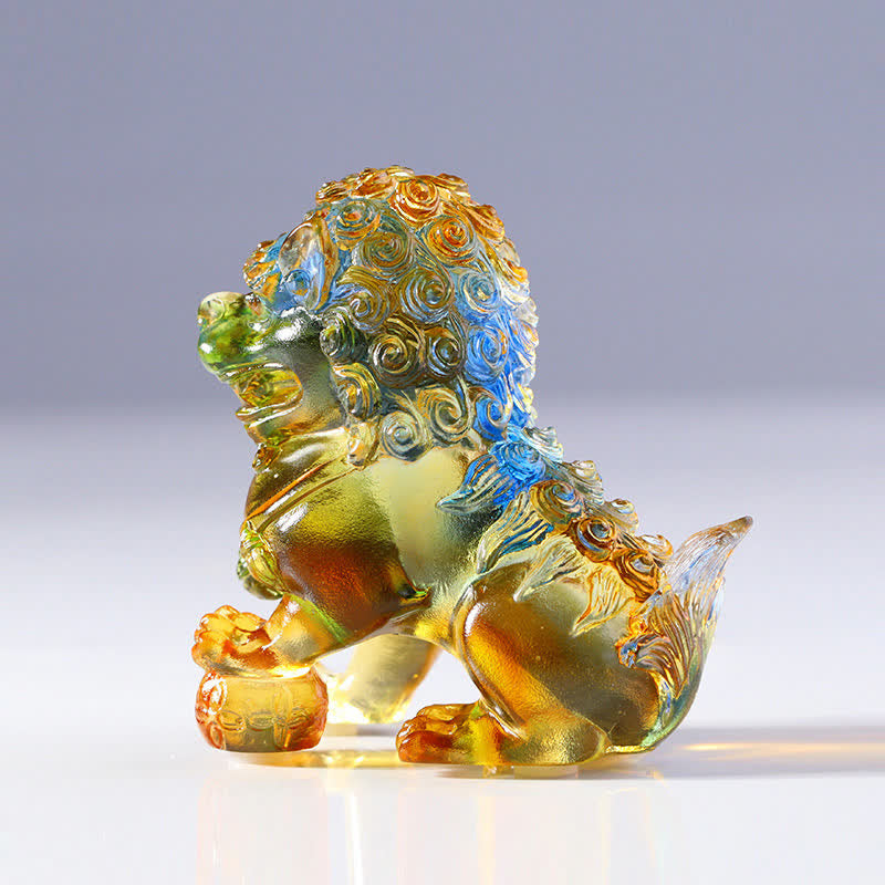 Buddha Stones Handmade Liuli Crystal Lion Art Piece Strength Home Office Decoration