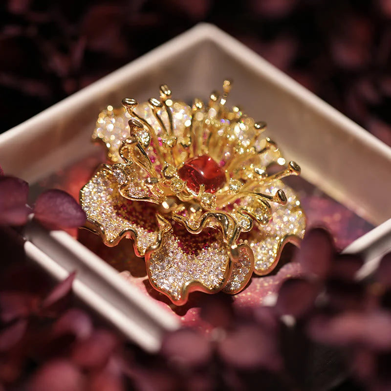 Buddha Stones Peony Flower Prosperity Copper Brooch