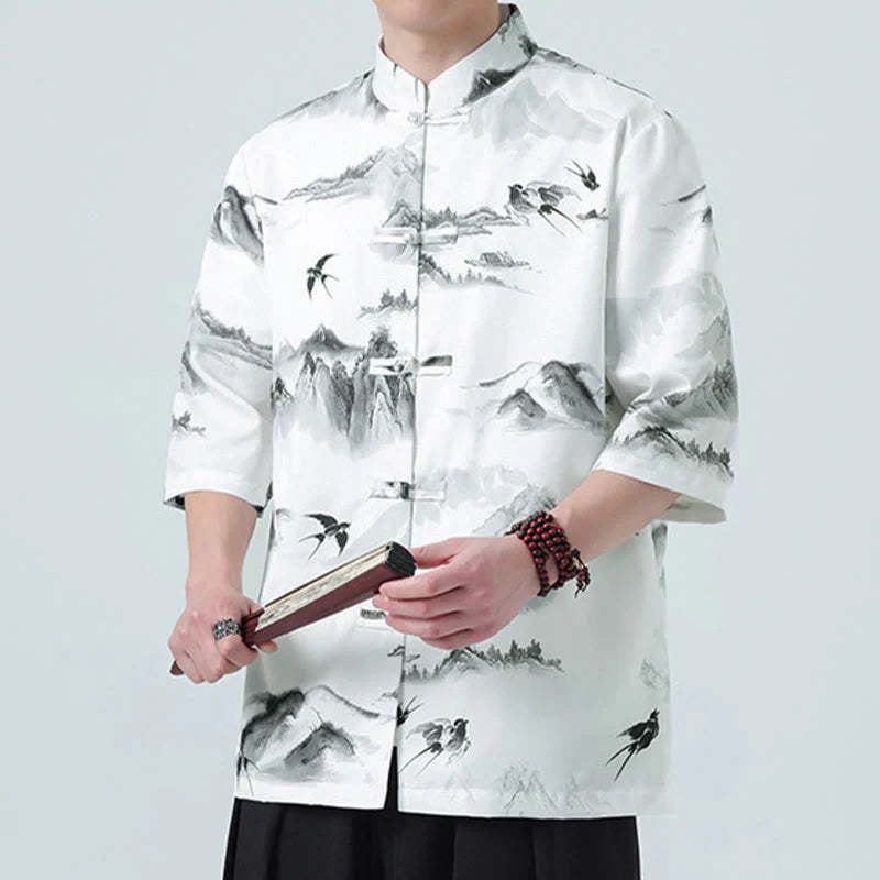 Buddha Stones Printing Chinese Ink Landscape Pattern Men's Frog-button Half Sleeve Shirts