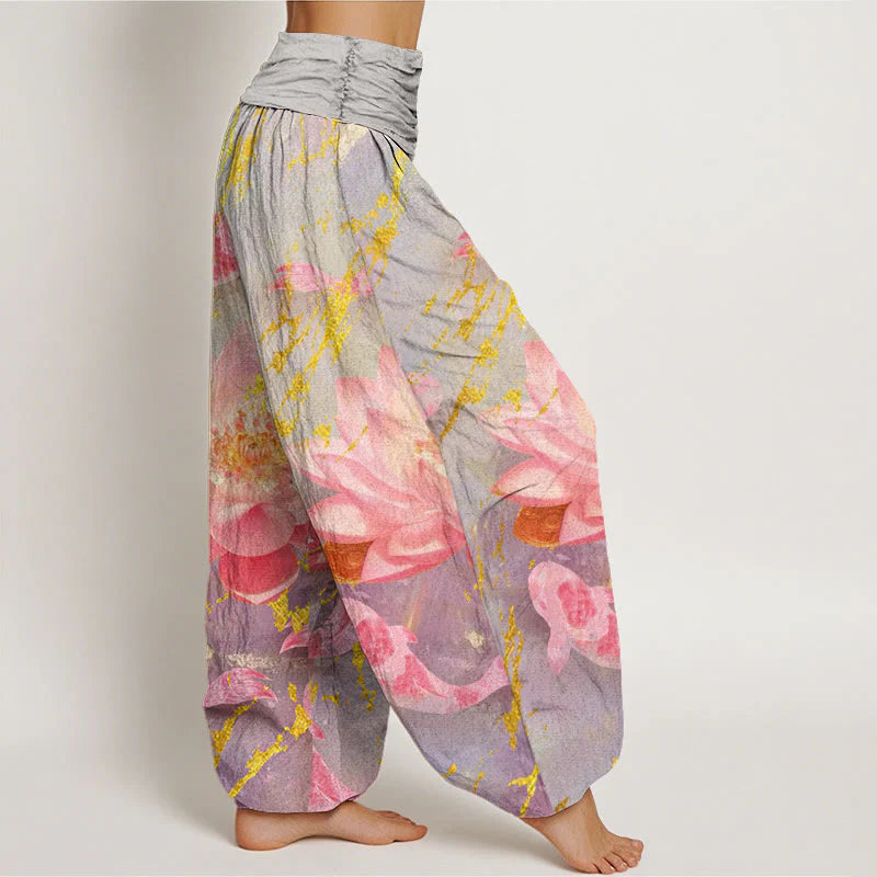 Buddha Stones Cotton Casual Lotus Flower Koi Fish Pattern Women's Harem Pants