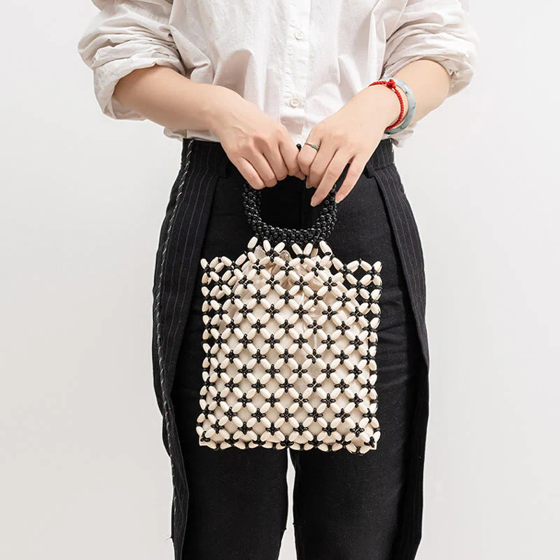 Buddha Stones Hand-woven Lozenge Wooden Beads Handbag